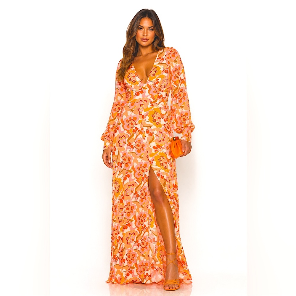 AFRM Peach & Yellow Floral V-Neck Maxi Dress